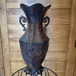 Vintage Metal Vase With Handles and Floral Accents Embellishments Brown Decor